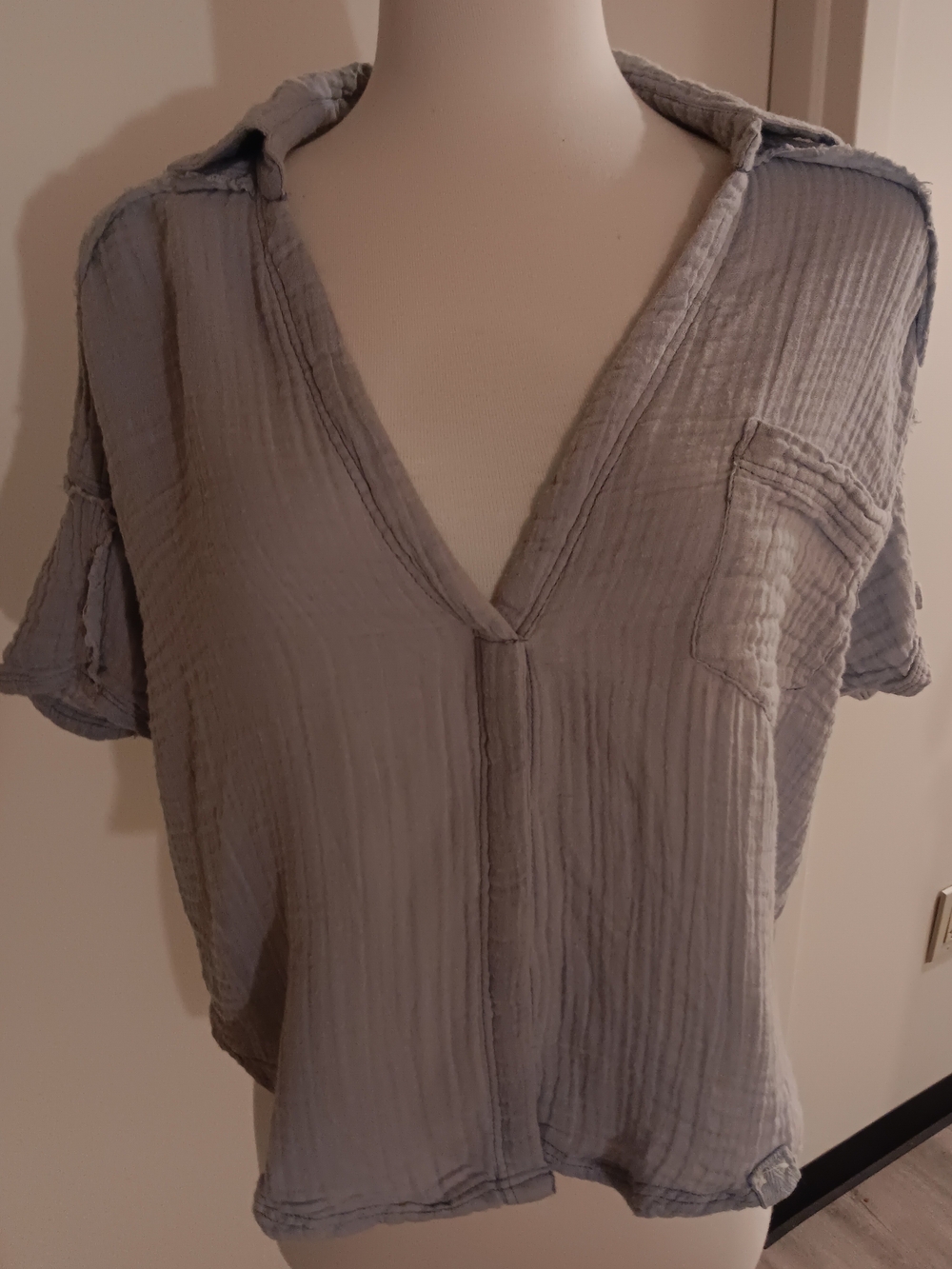 We The Free Crinkled V-Neck Pocket Blouse - Light Blue